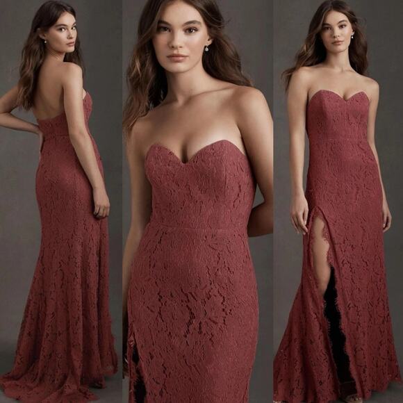 Fame and Partners Twilight Dress Strapless Lace Cinnamon Rose Wine - Picture 1 of 13